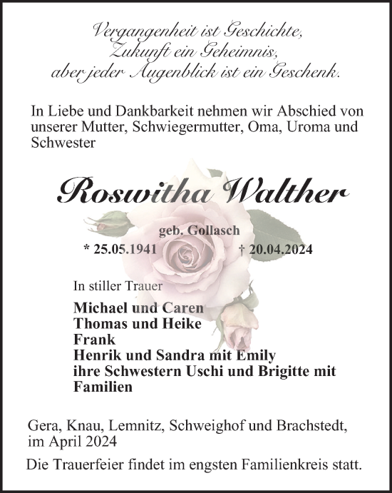 Traueranzeige von Roswitha Walther von Ostthüringer Zeitung