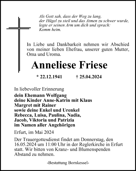 Traueranzeige von Anneliese Friese von Thüringer Allgemeine, Thüringische Landeszeitung