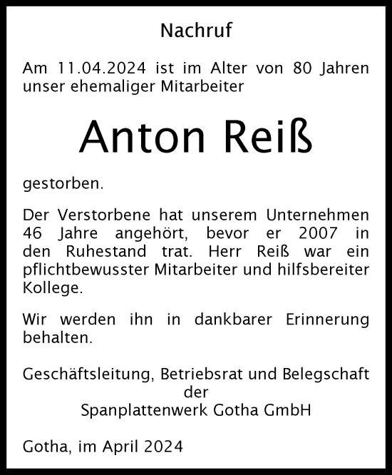 Traueranzeige von Anton Reiß von Thüringer Allgemeine, Thüringische Landeszeitung