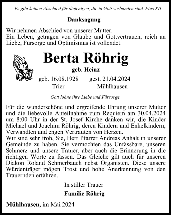 Traueranzeige von Berta Röhrig von Thüringer Allgemeine, Thüringische Landeszeitung