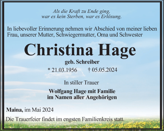 Traueranzeige von Christina Hage von Thüringer Allgemeine, Thüringische Landeszeitung