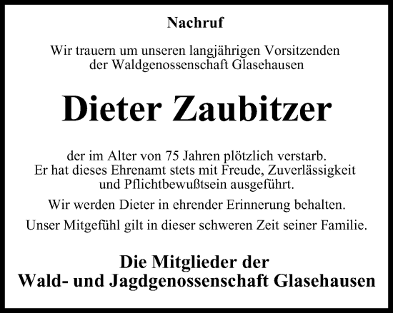 Traueranzeige von Dieter Zaubitzer von Thüringer Allgemeine