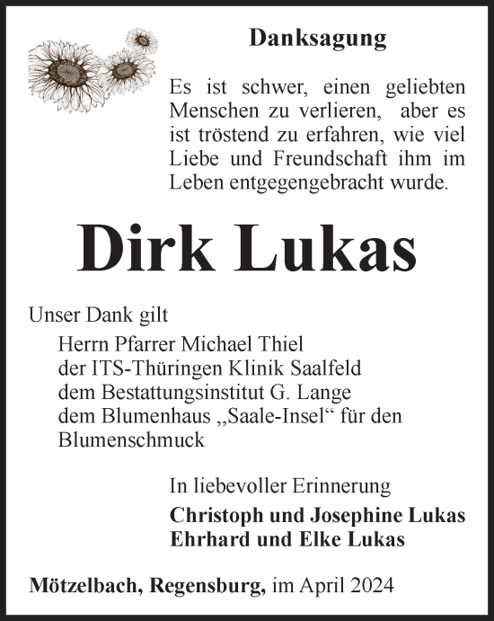Traueranzeige von Dirk Lukas von Ostthüringer Zeitung