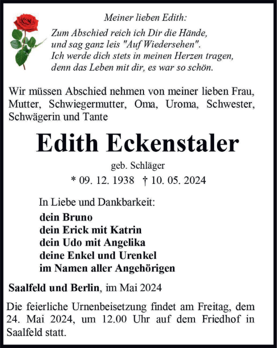 Traueranzeige von Edith Eckenstaler von Ostthüringer Zeitung