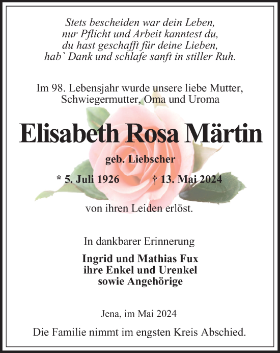 Traueranzeige von Elisabeth Rosa Märtin von Ostthüringer Zeitung, Thüringische Landeszeitung