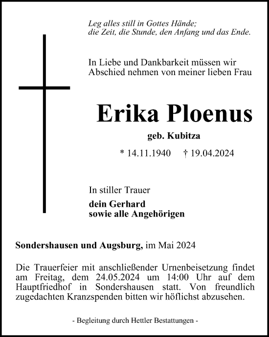 Traueranzeige von Erika Ploenus von Thüringer Allgemeine
