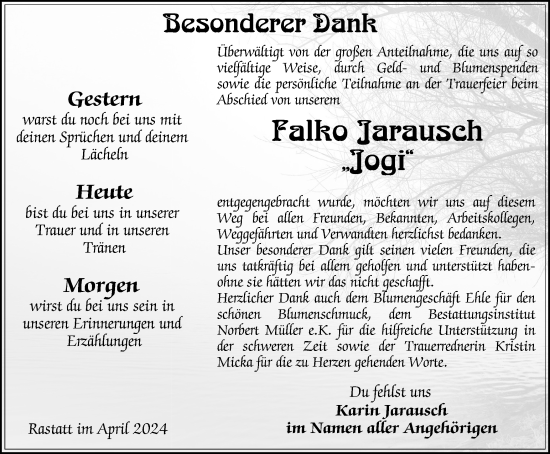 Traueranzeige von Falko Jarausch von Ostthüringer Zeitung