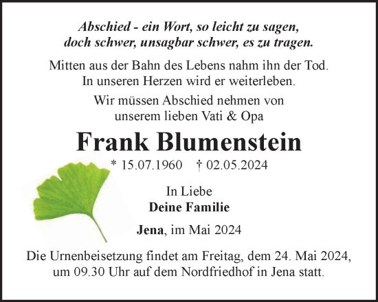 Traueranzeige von Frank Blumenstein von Ostthüringer Zeitung, Thüringische Landeszeitung