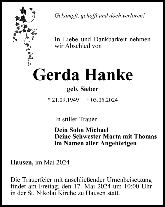 Traueranzeige von Gerda Hanke von Thüringer Allgemeine, Thüringische Landeszeitung