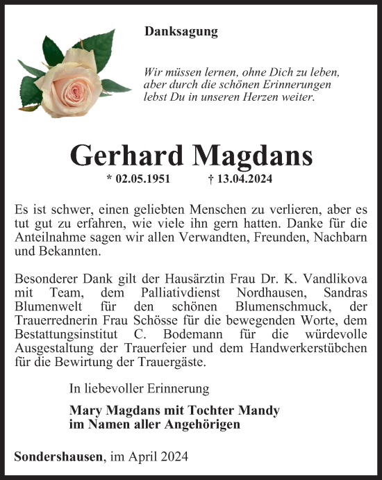 Traueranzeige von Gerhard Magdans von Thüringer Allgemeine