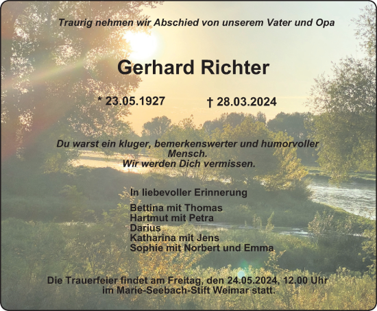 Traueranzeige von Gerhard Richter von Thüringer Allgemeine, Thüringische Landeszeitung