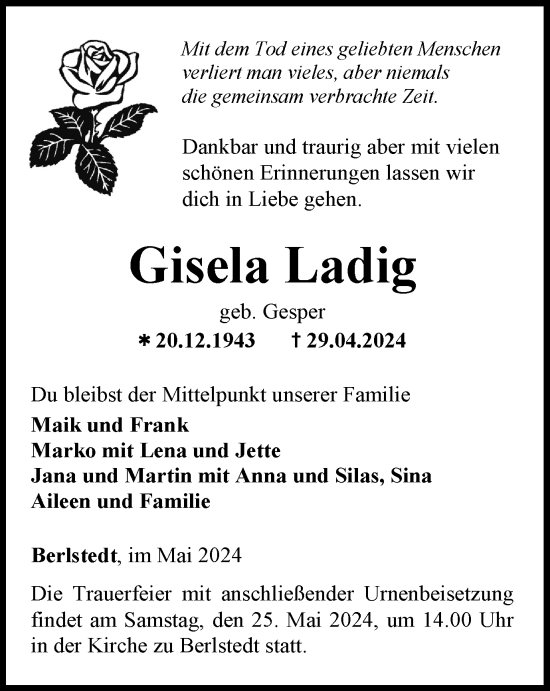 Traueranzeige von Gisela Ladig von Thüringer Allgemeine, Thüringische Landeszeitung