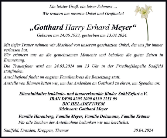 Traueranzeige von Gotthard Harry Erhard Meyer von Ostthüringer Zeitung