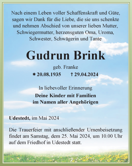 Traueranzeige von Gudrun Brink von Thüringer Allgemeine, Thüringische Landeszeitung