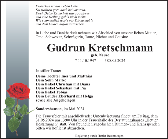 Traueranzeige von Gudrun Kretschmann von Thüringer Allgemeine