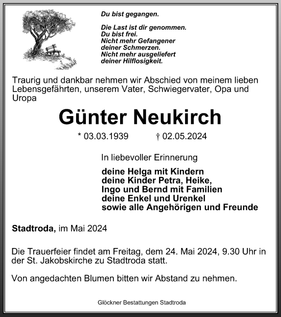 Traueranzeige von Günter Neukirch von Ostthüringer Zeitung