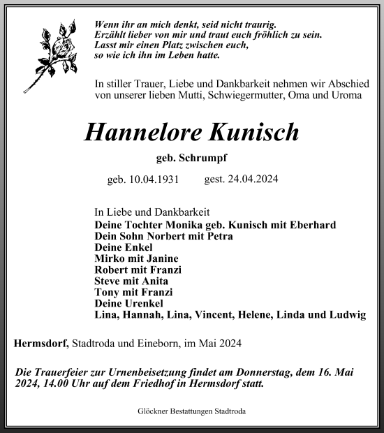 Traueranzeige von Hannelore Kunisch von Ostthüringer Zeitung