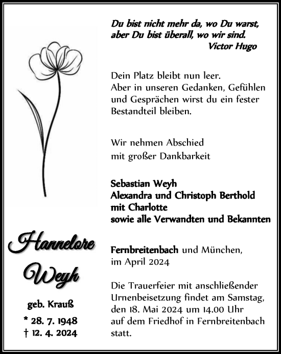 Traueranzeige von Hannelore Weyh von Thüringer Allgemeine, Thüringische Landeszeitung