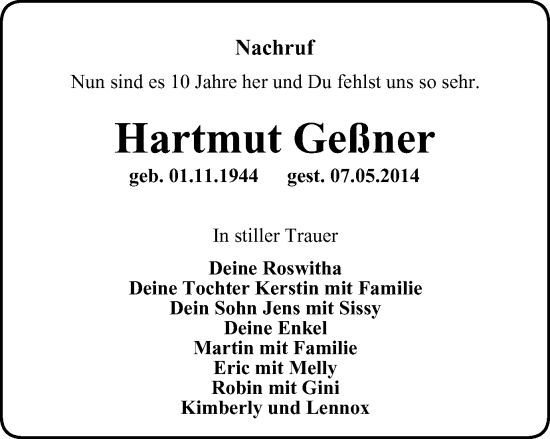 Traueranzeige von Hartmut Geßner von Ostthüringer Zeitung