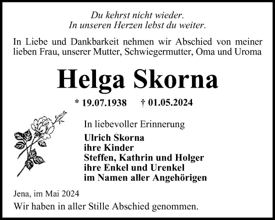 Traueranzeige von Helga Skorna von Ostthüringer Zeitung, Thüringische Landeszeitung