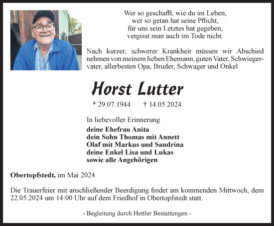 Traueranzeige von Horst Lutter von Thüringer Allgemeine