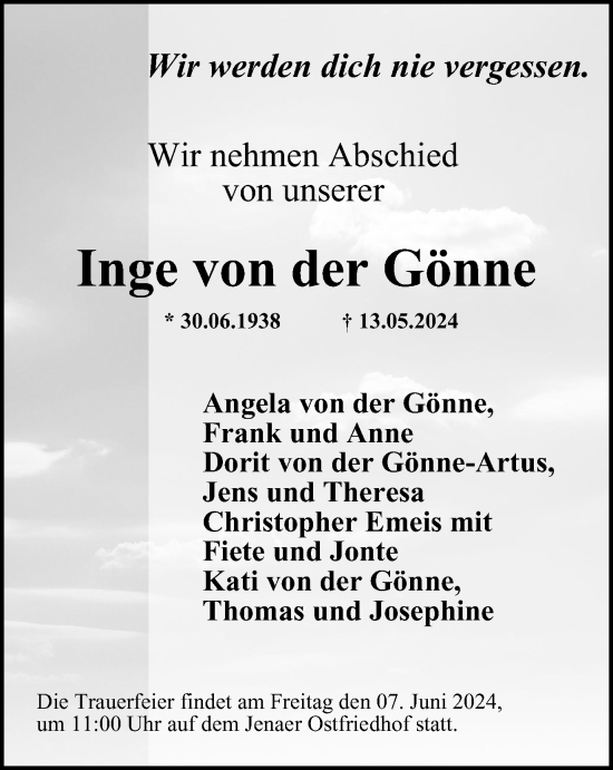 Traueranzeige von Inge von der Gönne von Ostthüringer Zeitung, Thüringische Landeszeitung