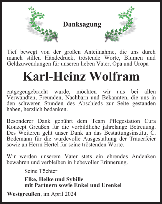 Traueranzeige von Karl-Heinz Wolfram von Thüringer Allgemeine