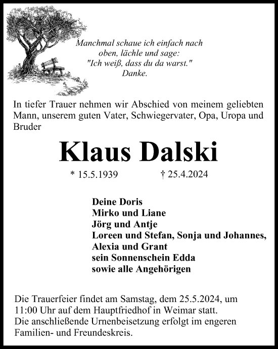 Traueranzeige von Klaus Dalski von Thüringer Allgemeine, Thüringische Landeszeitung