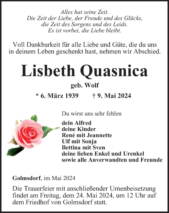Traueranzeige von Lisbeth Quasnica von Ostthüringer Zeitung, Thüringische Landeszeitung