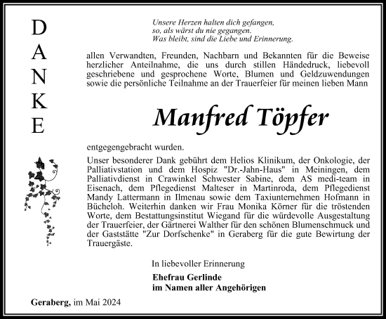 Traueranzeige von Manfred Töpfer von Thüringer Allgemeine