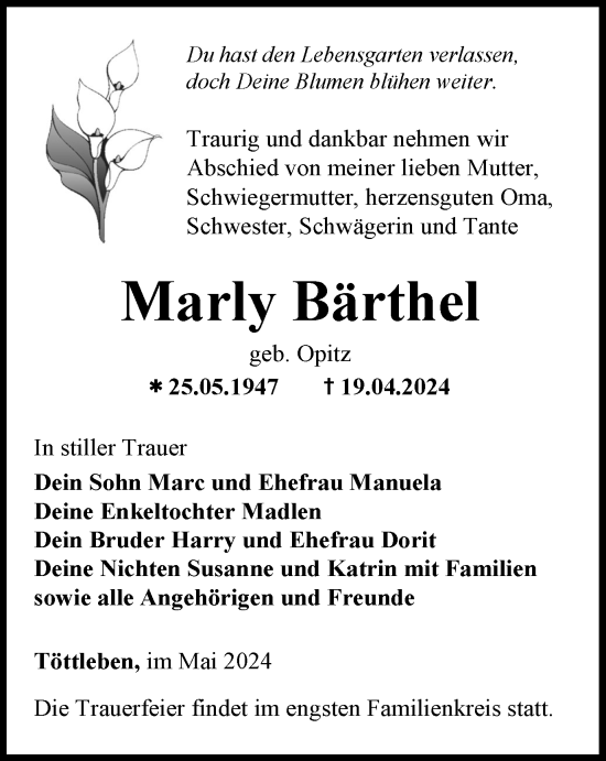 Traueranzeige von Marly Bärthel von Thüringer Allgemeine, Thüringische Landeszeitung