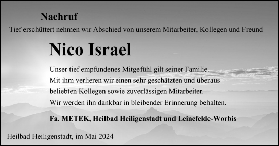 Traueranzeige von Nico Israel von Thüringer Allgemeine
