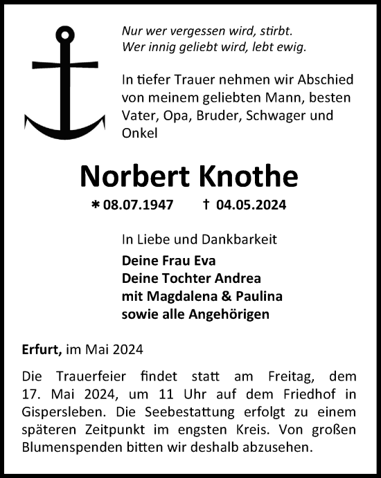 Traueranzeige von Norbert Knothe von Thüringer Allgemeine, Thüringische Landeszeitung