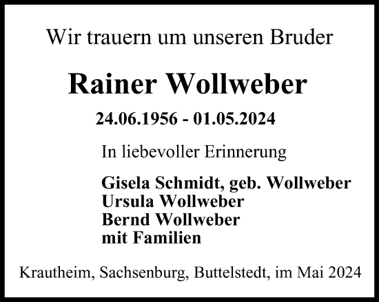 Traueranzeige von Rainer Wollweber von Thüringer Allgemeine, Thüringische Landeszeitung