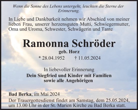 Traueranzeige von Ramonna Schröder von Thüringer Allgemeine, Thüringische Landeszeitung