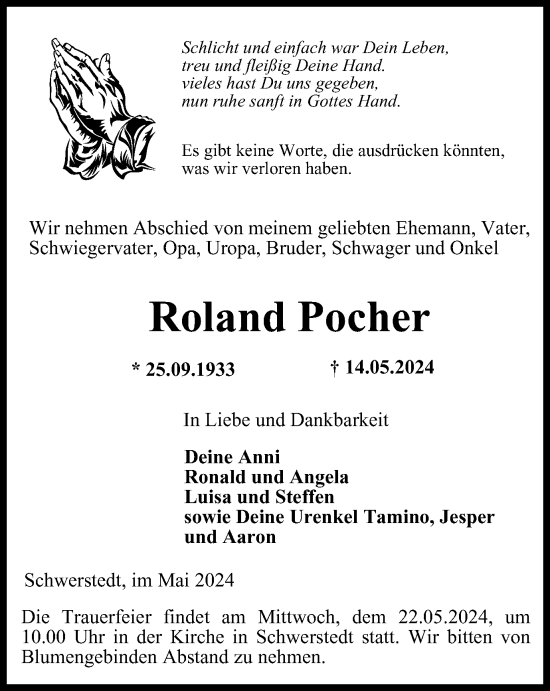 Traueranzeige von Roland Pocher von Thüringer Allgemeine, Thüringische Landeszeitung