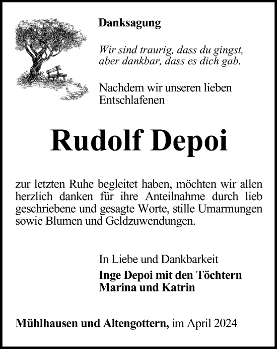 Traueranzeige von Rudolf Depoi von Thüringer Allgemeine, Thüringische Landeszeitung