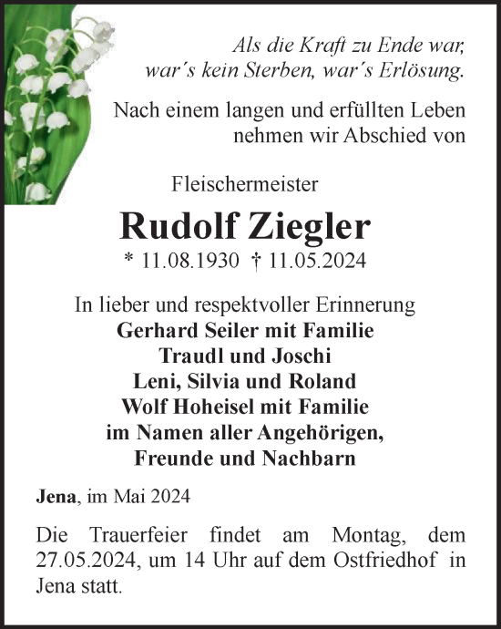 Traueranzeige von Rudolf Ziegler von Ostthüringer Zeitung, Thüringische Landeszeitung