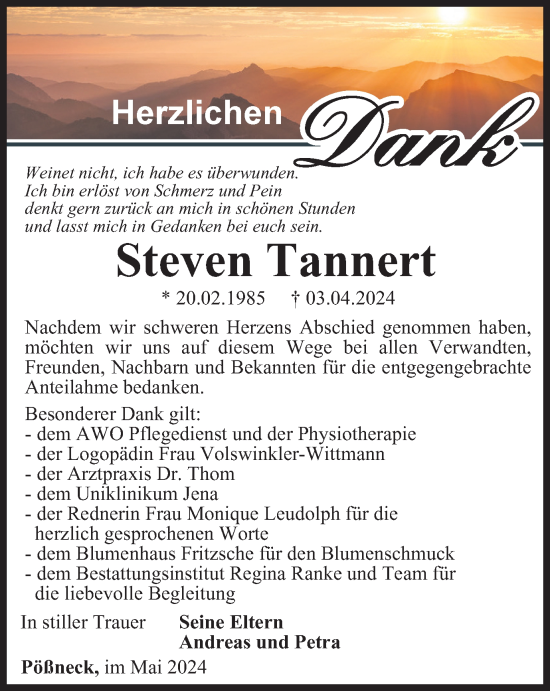 Traueranzeige von Steven Tannert von Ostthüringer Zeitung