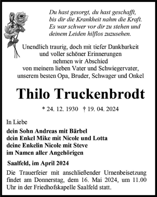 Traueranzeige von Thilo Truckenbrodt von Ostthüringer Zeitung