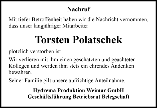 Traueranzeige von Torsten Polatschek von Thüringer Allgemeine, Thüringische Landeszeitung