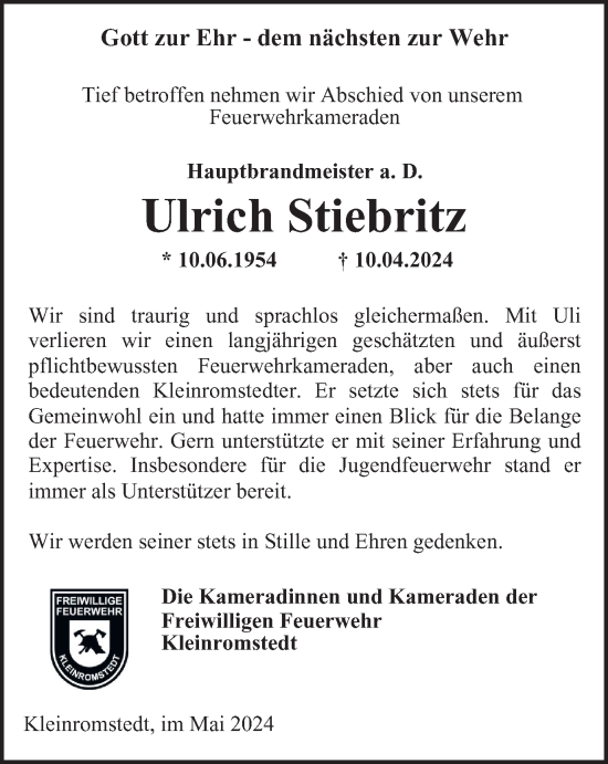 Traueranzeige von Ulrich Stiebritz von Thüringer Allgemeine, Thüringische Landeszeitung