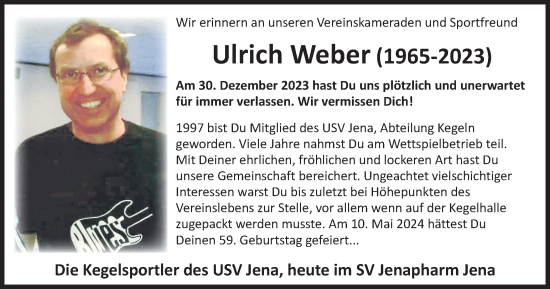 Traueranzeige von Ulrich Weber von Ostthüringer Zeitung, Thüringische Landeszeitung