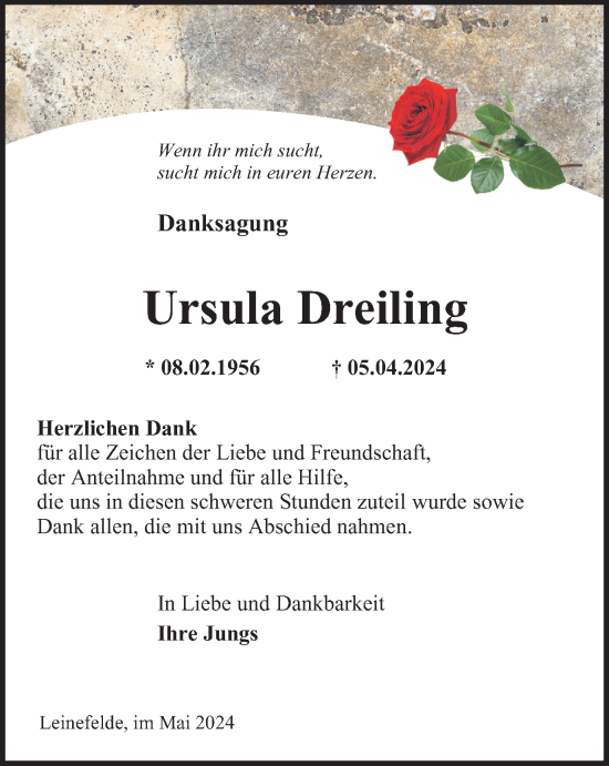 Traueranzeige von Ursula Dreiling von Thüringer Allgemeine