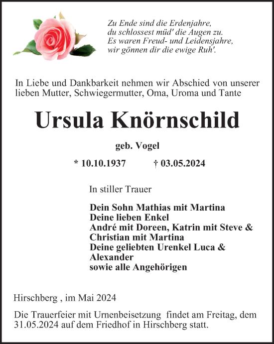 Traueranzeige von Ursula Knörnschild von Ostthüringer Zeitung