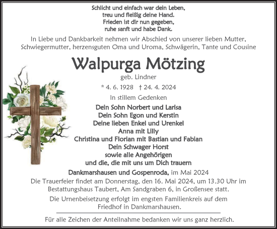 Traueranzeige von Walpurga Mötzing von Thüringer Allgemeine, Thüringische Landeszeitung