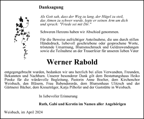 Traueranzeige von Werner Rabold von Ostthüringer Zeitung