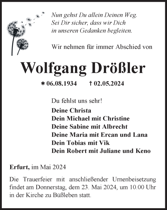 Traueranzeige von Wolfgang Drößler von Thüringer Allgemeine, Thüringische Landeszeitung