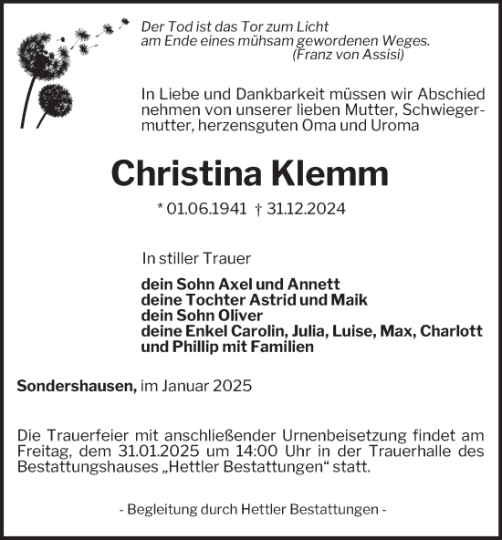 Traueranzeigen Von Christina Klemm Trauer In Thueringen De