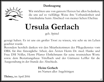 Traueranzeige von Ursula Gerlach von Thüringer Allgemeine